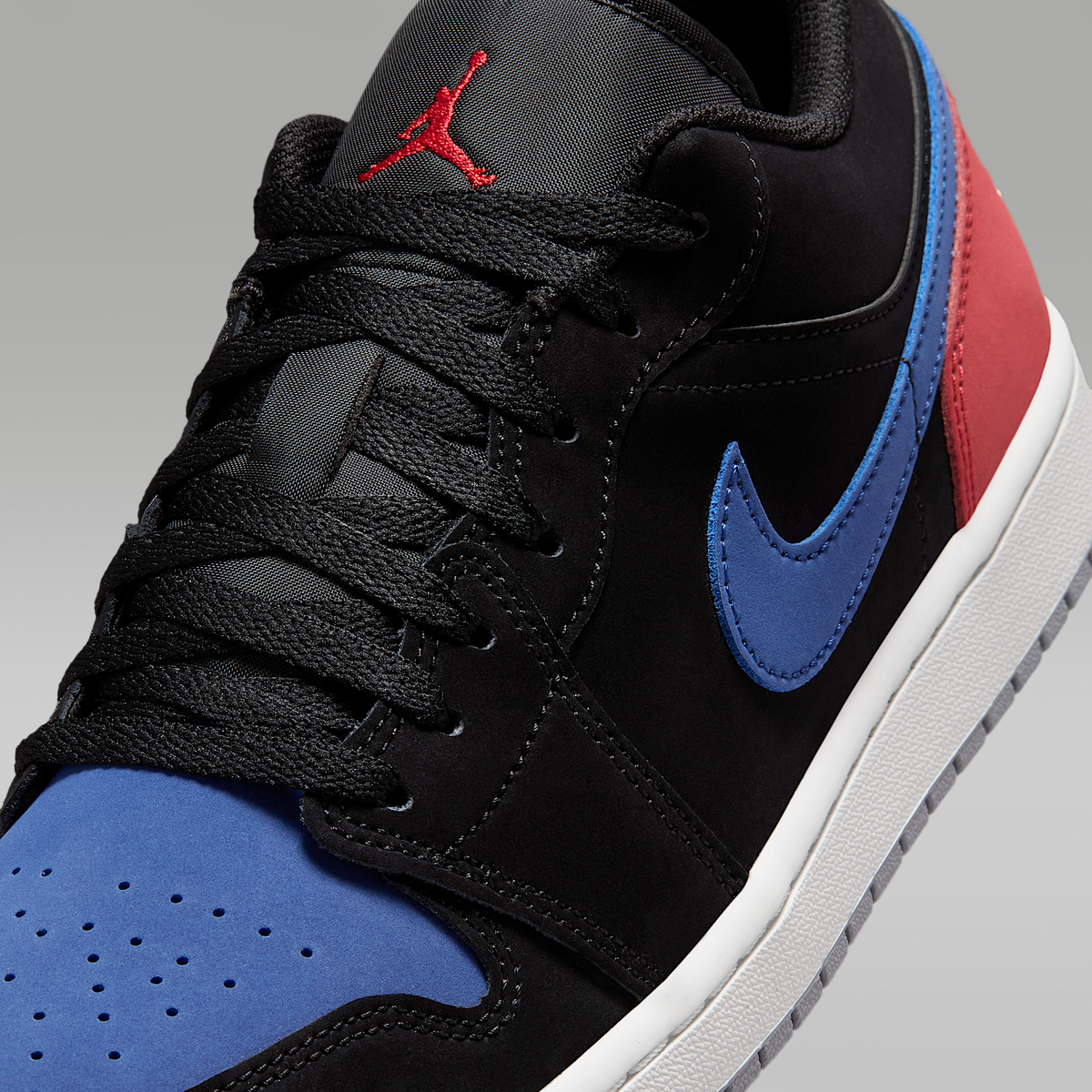 Air Jordan 1 Low Black True Blue Varsity Red Summit White Men's - upper detail