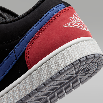 Air Jordan 1 Low Black True Blue Varsity Red Summit White Men's - heel and outsole detail
