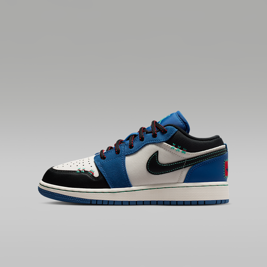 Air Jordan 1 Low SE True Blue University Red Kinetic Green Black Big Kids' - side view