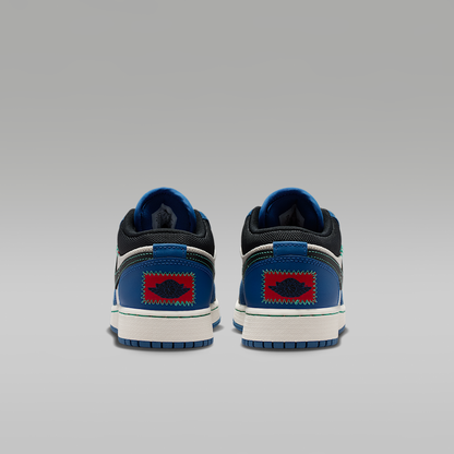Air Jordan 1 Low SE True Blue University Red Kinetic Green Black Big Kids' - rear view of the pair