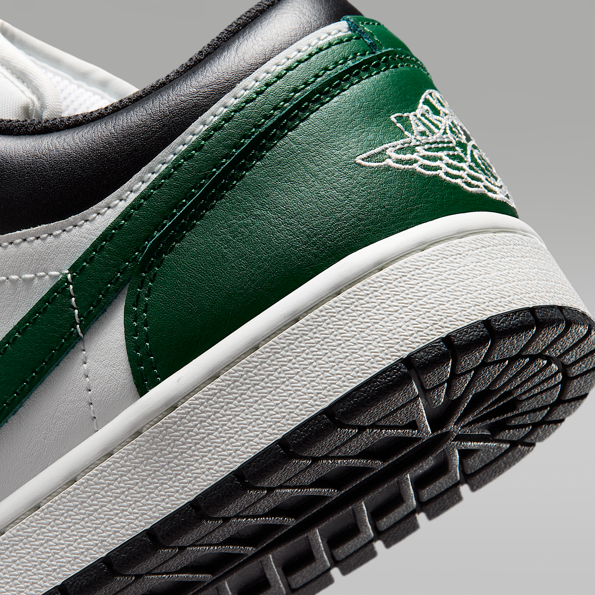 Air Jordan 1 Low Black Gorge Green Summit White Men's - heel and outsole detail