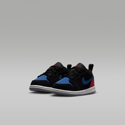 Jordan 1 Low Black True Blue Varsity Red Summit White Baby/Toddler - angled view of the pair