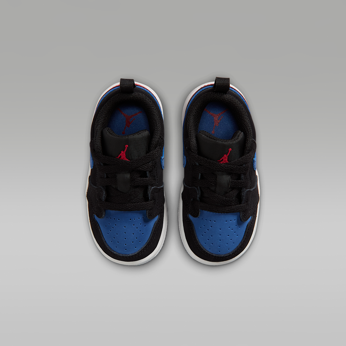 Jordan 1 Low Black True Blue Varsity Red Summit White Baby/Toddler - top view of the pair