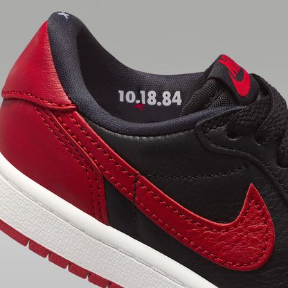 Jordan 1 Retro Low OG "Banned" Black Varsity Red Summit White Black Little Kids' - heel detail