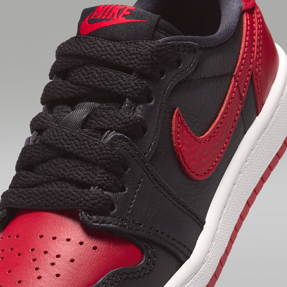 Jordan 1 Retro Low OG "Banned" Black Varsity Red Summit White Black Little Kids' - upper detail