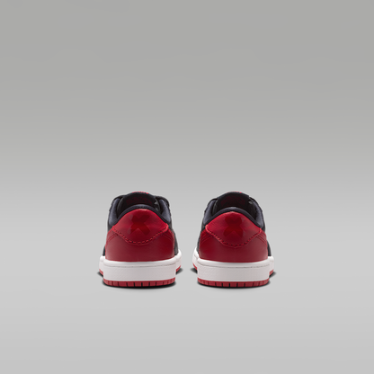 Jordan 1 Retro Low OG "Banned" Black Varsity Red Summit White Black Little Kids' - rear view of the pair