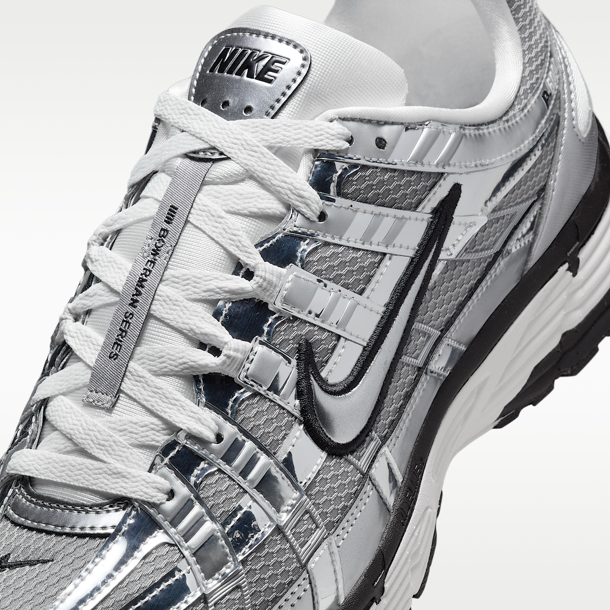 Nike P-6000 Metallic Silver Sail Black Unisex - laces and upper detail